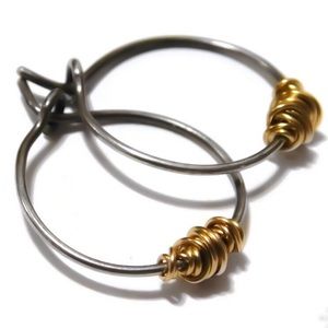 Oxidized Black 925 Sterling Silver Two Toned Hoop Earrings w/Gold Wire Wrapping
